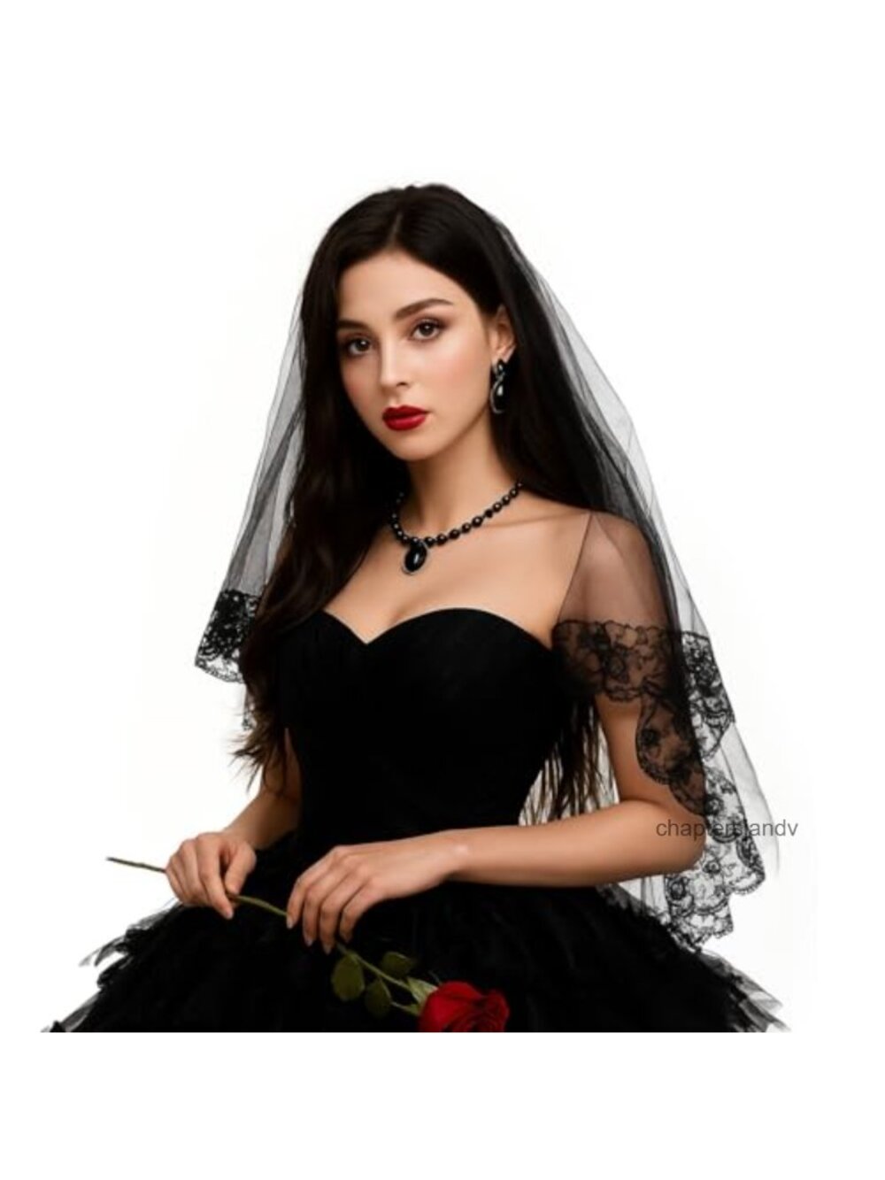 Black Lace Veil Embroidered Floral Edge 2 Tier Fingertip Length Gothic Wedding